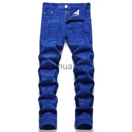 Herr jeans män kungblå digital tryckta jeans bokstäver slogan örn stretch denim byxor y2k streetwear slim avsmalnande byxor j230728