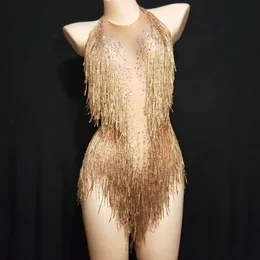 Overall-Spielanzug für Damen, funkelnder goldener Quasten-Bodysuit, Damen-Outfit, glitzernde Perlen, Kostüm, Einteiler, Tanzkleidung, Sängerin, Bühnentrikot, Kopfschmuck 230731