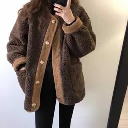 Women's Fur Faux Fur Autumn and winter leather bag edge color matching thick warm lamb fur integrated cotton coat for women HKD230727