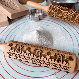 Rolling Pins Pastry Boards Christmas Embossing With Patterns Wooden Roller Baking Embossed Cookies kitchen tools elk Snowflak 230731