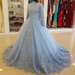 Bezaubernde blaue muslimische Spitze-Ballkleid-Hochzeitskleider mit langen Ärmeln, Stehkragen, appliziertes Brautkleid, Tüll-Perlen in Übergröße, Wed265K