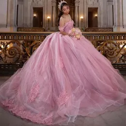 2022 A Line Wedding Dresses Pink Off the Shoulder Ball Gown Floral Applicies Lace Lace-Up Back Corset för Sweet 15 Girls Bridal Go238V