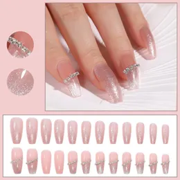 Unhas Postiças Diamond Nude 24 Pacote de Unhas Prensas Adesivos Falsos Acrílico Removível Reutilizável para Senhoras e Meninas Polido