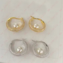 French inset zircon pearl round earrings Hoop Huggie, ladies light luxury personality simple stylish ear buckle, bride, wedding, banquet, party, Valentine's Day gifts