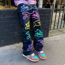 Męskie spodnie American High Street Hip Hop Flying Dog Print Jeans Męskie Y2K Wytrzymała uliczna marka prosta luźne spodnie nóg swobodne luźne spodnie z230801