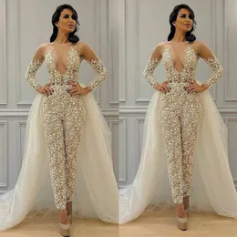 Skromne odłączane kombinezonami kombinezon ślubne suknie ślubne 2021 Koronkowe aplikacje Elegancki garnitur dla kobiet vestidos281c