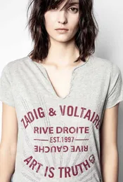 Zadig Voltaire Designer-Damen-T-Shirt-Oberteile mit klassischem Druck-Bohrer und U-Ausschnitt aus reiner Baumwolle mit Ärmeln in Übergröße