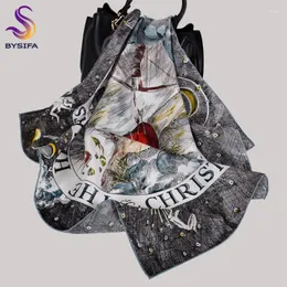 Scarves BYSIFA|Grey White Women Pure Silk Scarf 65 65cm Fashion Brand Letters Square Printed Elegant Ladies Accessories