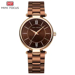 Other Watches MINI FOCUS Stainless Steel Strap Watches for Women Waterproof Luxury Dress Quartz Wrist Watch Woman Lady Coffee Brown MF0189L J230728