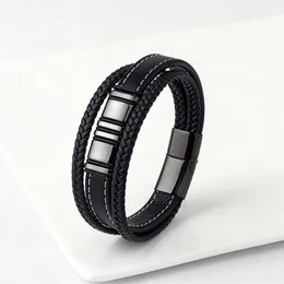 Strand 2023 European And American Style Elegant Temperament 316L Stainless Steel Punk Wind 3 Layer Wide Leather Rope Men's Bracelet