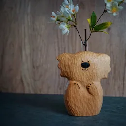 Vases Handmade woodcarving koala flower arrangement creative ornament solid wood vase decoration 230731