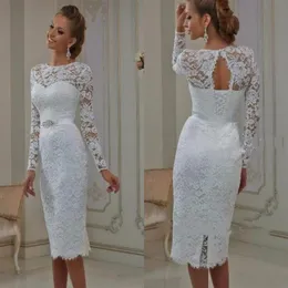 Vintage Informal Casual Wedding Dresses Tea Length Lace Long Sleeves Short vestido de noiva Sheath High Jewel Neck Bridal Gowns238a