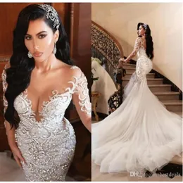 2022 Luxurious Arabic Mermaid Wedding Dresses Dubai Sparkly Crystals Long Sleeves Bridal Gowns Court Train Tulle Skirt robes de ma272n