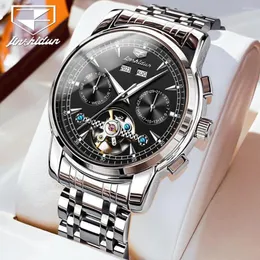 Wristwatches 2023 JSDUN Men's Automatic Mechanical Watch Skeleton Flywheel Design Clock Stainless Steel Waterproof Date Wristwatch