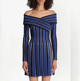 Casual Dresses Spring One-Line Shoulder Long Sleeve Bright Silk Sticke Dress kjol Blue Black Stripe Party Design Sense Ins