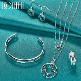 Bröllopsmycken set Doteffil 4st 925 Sterling Silver Roman siffror Earring Bangle Necklace Ring Set for Woman Engagement Fashion 230729