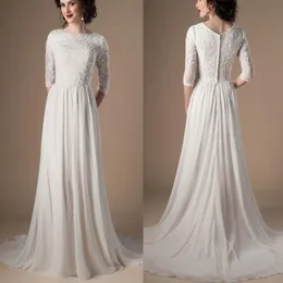 Elfenben Champagne blygsamma bröllopsklänningar med 3 4 ärmar pärlspets a-line chiffon boho informell brudklänning lds religiöst bröllop348p