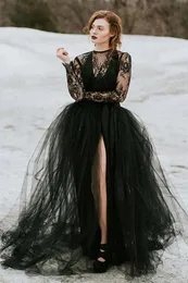 2023 Vintage Bobemian A Line Wedding Dresses Black Spets Tulle Gothic med långa ärmar Sexig Sheer Top Slit Kjol Brudklänningar Criss Cross Back Back