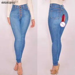 Mode hög midja jeans kvinnor mager byxor denim byxor öppna gren underkläder utdor sex offentligt serekt jeans kläder kvinnliga l230619