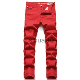 Мужские джинсы мужские джинсы Red Simple Trend Strence Slim Slim Pants Mid-Waiast Fashion Вышивка премиум-джинсы Street Hip Hop Clothing J230728