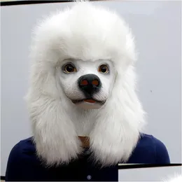 Máscaras de festa Máscaras de festa Natal Branco Poodle Dog Halloween Máscara Látex FL Cabeça Animal Cosplay Fantasia Vestido Adt Engraçado Traje Drop Deli Dhmvz