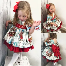 Ins Christmas Model Children Santa Claus Printed Big Bow Skirt Girl's Dressesmell and Medium Children's Dresses