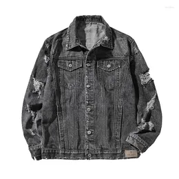 Herrjackor Autumn Folded Collar Grey Blue Hip Hop Pilot Tattoo Split Denim Jacket Men's Motorcycle Street Apparel