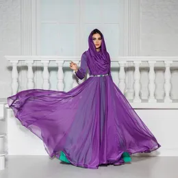 Abiti da ballo musulmani viola con cintura Hijab a maniche lunghe a collo alto Abito formale Kanfan Perline pieghettate Arabo Dubai Abiti da sposa