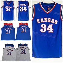 Maglia Kansas Jayhawks College Basketball Joel Embiid 21 Paul Pierce 34 University Tutte cucite Colore della squadra Blu Bianco Traspirante per gli appassionati di sport Puro cotone NCAA