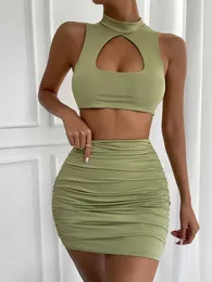 Städtische Sexy Kleider Sommer Party Kleid Frau Hohl Tank Top Split Nachtclub Rock Falten Bauchnabel Korsett Zweiteilige Sets