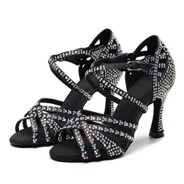 Scarpe da ballo con strass Scarpe da ballo latino da donna Suola in morbida pelle scamosciata Sandali da ballo per tango Tacco alto 9 cm/ 5,5/7,5 cm Marrone Nero 231101