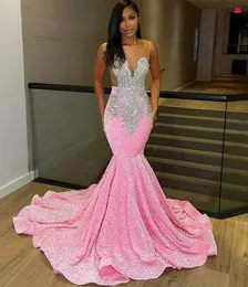 Lusso rosa paillettes sirena lungo abito da ballo di fine anno 2024 per ragazza nera collo trasparente perline cristalli abiti di compleanno abiti da sera formale Robe De Soiree