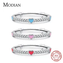 Anello solitario MODIAN Argento sterling 925 Romantico smalto a 3 colori Anelli a forma di cuore per le donne Sparkle Clear CZ Band Regalo di San Valentino Anel 231101