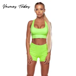 Tute da donna Vamos Todos 2023 Sport estivi Completo da 2 pezzi Completo da donna Top corto e pantaloncini verde fluorescente Leggings elastici da yoga