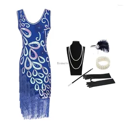 Casual Dresses Ecoparty 1920s Vintage Peacock Sequin Great Gatsby Fringed Party Flapper Y2k Dress W 20s Accessories Set Vestidos De Fiesta
