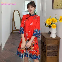 Casual Dresses Ins Red Blue Loose Fashion Modern Chinese Cheongsam A-line Dress Women 3/4 Sleeve Qipao Traditional Clothes 230331