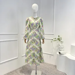 Повседневные платья 2023, льняное фиолетовое платье-миди с маленьким цветочным принтом и высокой талией, длинным рукавом, платье высшего качества