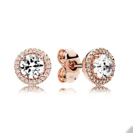 Rose Gold Round Sparkle Halo Stud örhängen för Pandora 925 Sterling Silver Wedding Designer Earring For Women Men Girl Friend Gift Earrings With Original Box