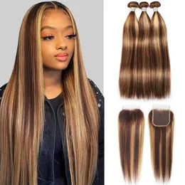 Highlight Brazilian Straight Hair 3 Bundles With Closures Part P4 27 Color Full Soft Dyeable2357