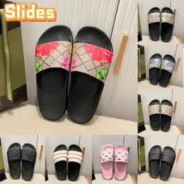 Med Box Tofflor Designer herrsandaler Gummi Slide Svart svart blommig Canvas gröna blommor rosa dam Flip Flops lyx strandtofflor lägenheter sommar slides skor