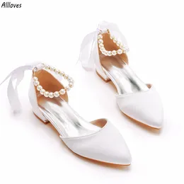 Fashion White Ivory Pearls Wedding Bridal Shoes Pointed Toe Comfortable Low Heel Women Shoes Bow Strap Elegant Female Prom Sandals Flat CL2864