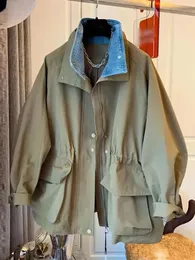 Kvinnans jacka denim callor stitching khaki windbreaker kvinnlig vår höst falska två stycken streetwear jean kvinnor kappa ytterkläder 231031