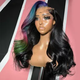 180density Body Wave Pink Blue Highlight Human Hair Wigs 13X4 Transparent Lace Frontal Wigs Pre Plucked Synthetic Lace Front Wig Cosplay