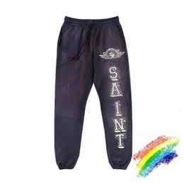 Calças masculinas lavadas roxo saint michael anjo sweatpants homens mulheres de alta qualidade oversize destruir jogger cordão 231101