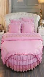 Bedding Sets 100 Cotton Round Bed 4 PCS Embroidery Tassels Lace Edge Pillowcase Duvet Cover Fitted Sheet And Skirt 200cm 220cm4796565