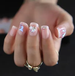 Unhas falsas francesas quadradas curtas, enfeite de amor com strass, unhas acrílicas fofas, retângulo, prensa om, caixa de presente 2203077771023