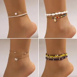 Anklets Beach Conch Shine Zircon Butterfly Chain chain chain set مجموعة أزياء الطبقات طبقة رايس رايس ملونة المرأة