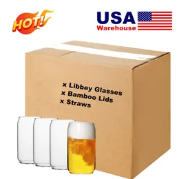 US/CA Warehouse 16oz Libbey Beer Can Can Glass Cup with Bamboo Wid and Straws Mustical Beer Classes for Iced Coffee Milk