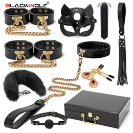 Bondage BLACKWOLF BDSM Bondage Kits Genuine Leather Restraint Set Handcuffs Collar Gag Vibrators Sex Toys For Women Couples Adult Games 231101