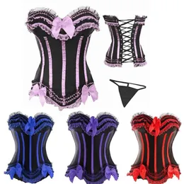 Frauen Sexy Tier Spitze Rüschen mit Schleifen und Panels Details Überbrust Satin Schnürkorsett Bustier Tanzen Clubwear Große Übergröße S-6X326e